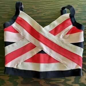 bebe Striped Crisscross Crop Top in Red, Black, and White (412)